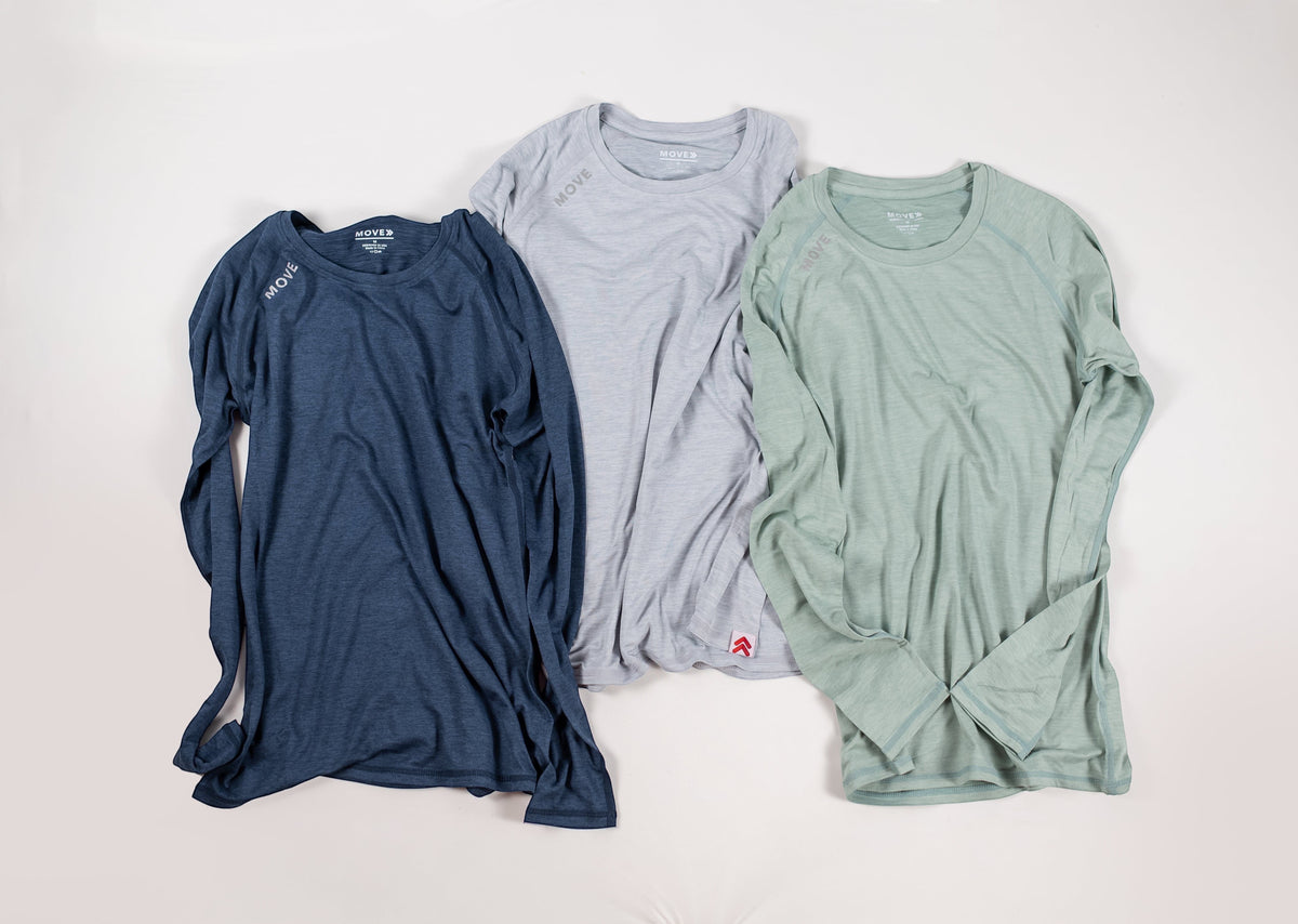MOVE sport apparel Women's Essential long sleeve shirts in navy, light grey, and sage green with subtle branding.