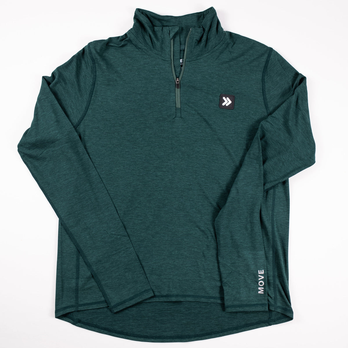MOVE sport apparel women's dark green heathered quarter zip pullover with reflective logo and zipper detail