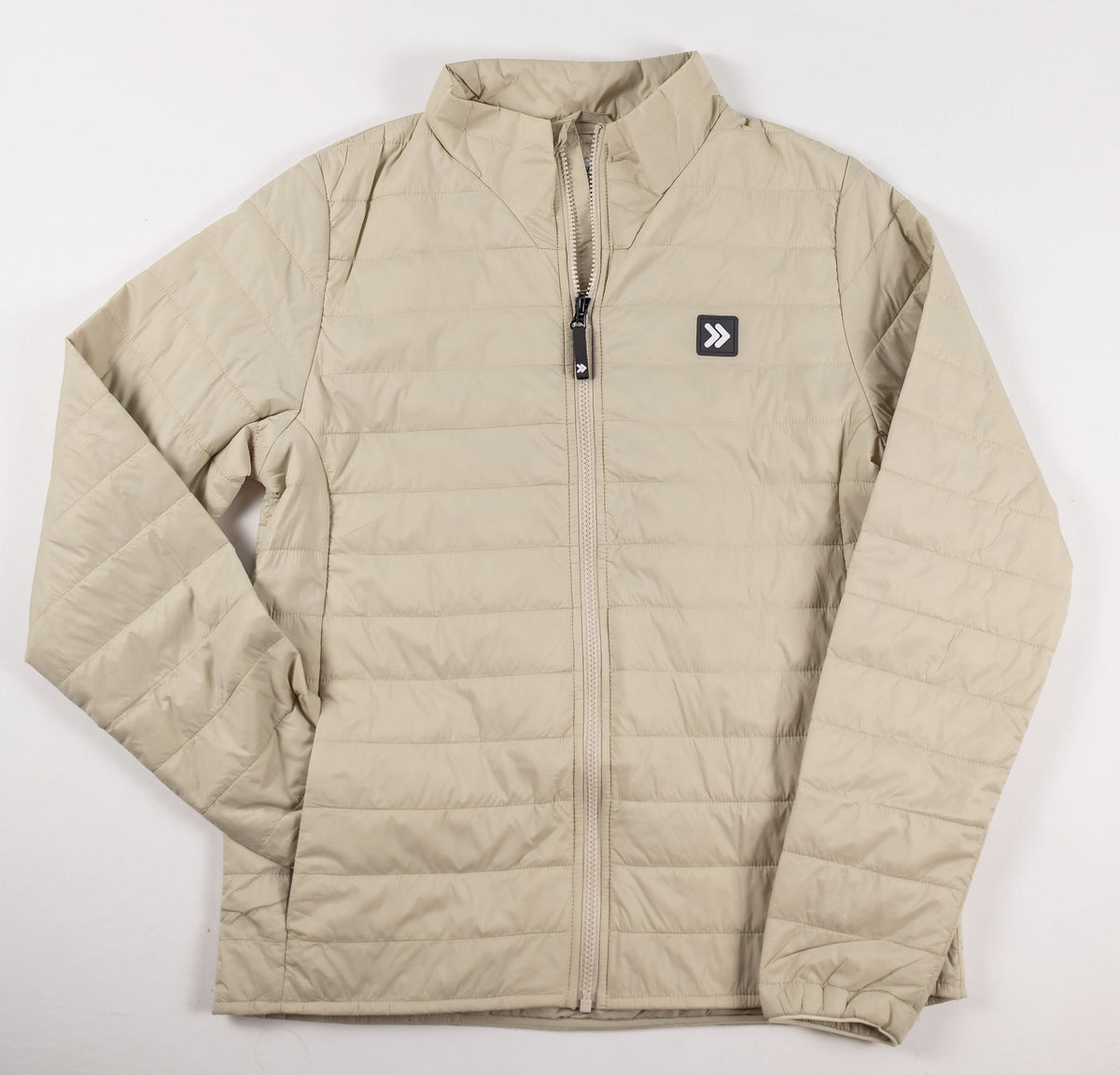 MOVE sport apparel women's lightweight beige quilted down jacket with a high neck and front zipper closure.