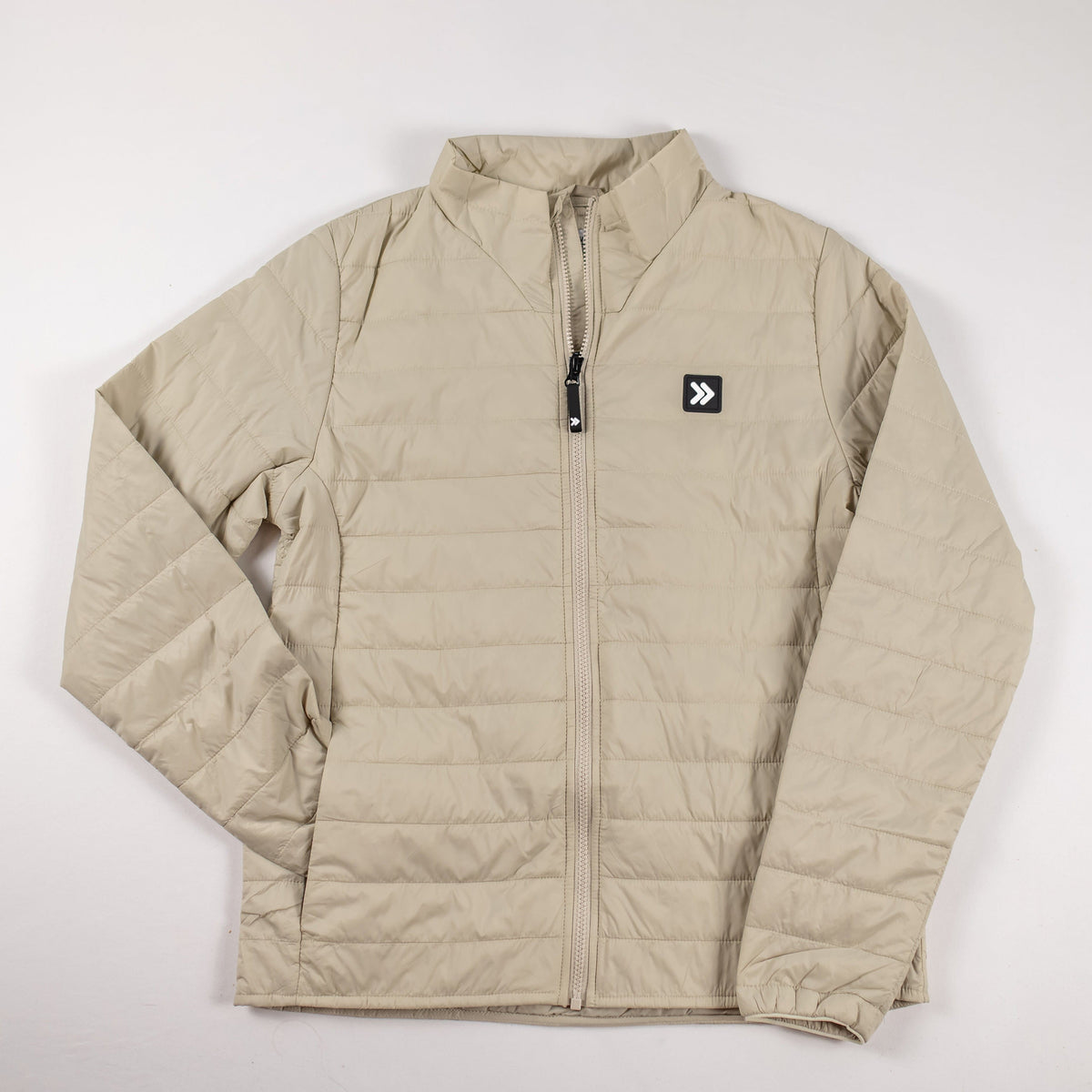 MOVE sport apparel women's lightweight beige quilted down jacket with a high neck and front zipper closure.