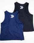 MOVE sport apparel women's cropped tank tops in navy and black with racerback design and reflective logo detail.