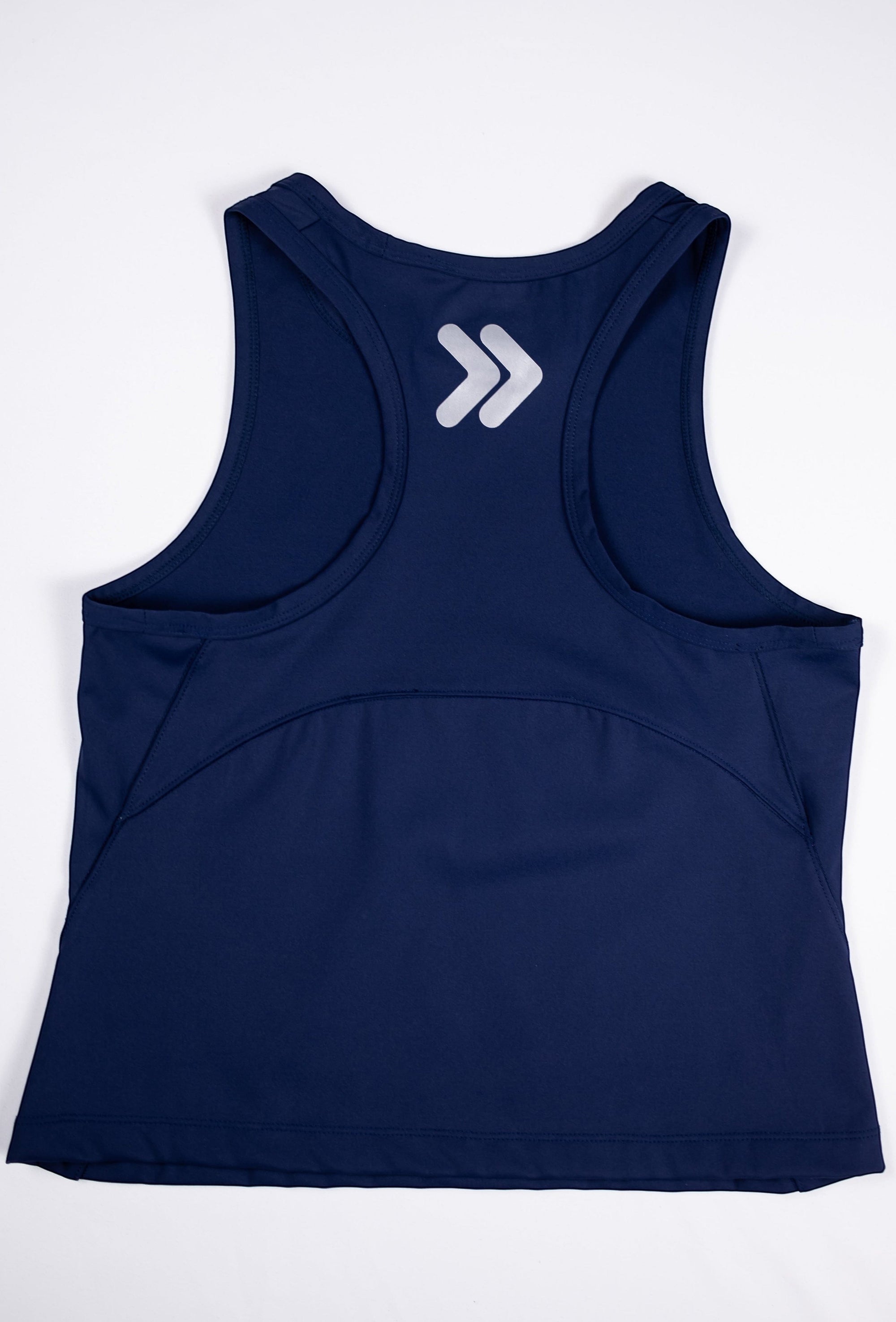 MOVE sport apparel navy blue racerback cropped tank top with reflective logo detail on the back for fitness