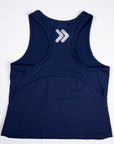 MOVE sport apparel navy blue racerback cropped tank top with reflective logo detail on the back for fitness