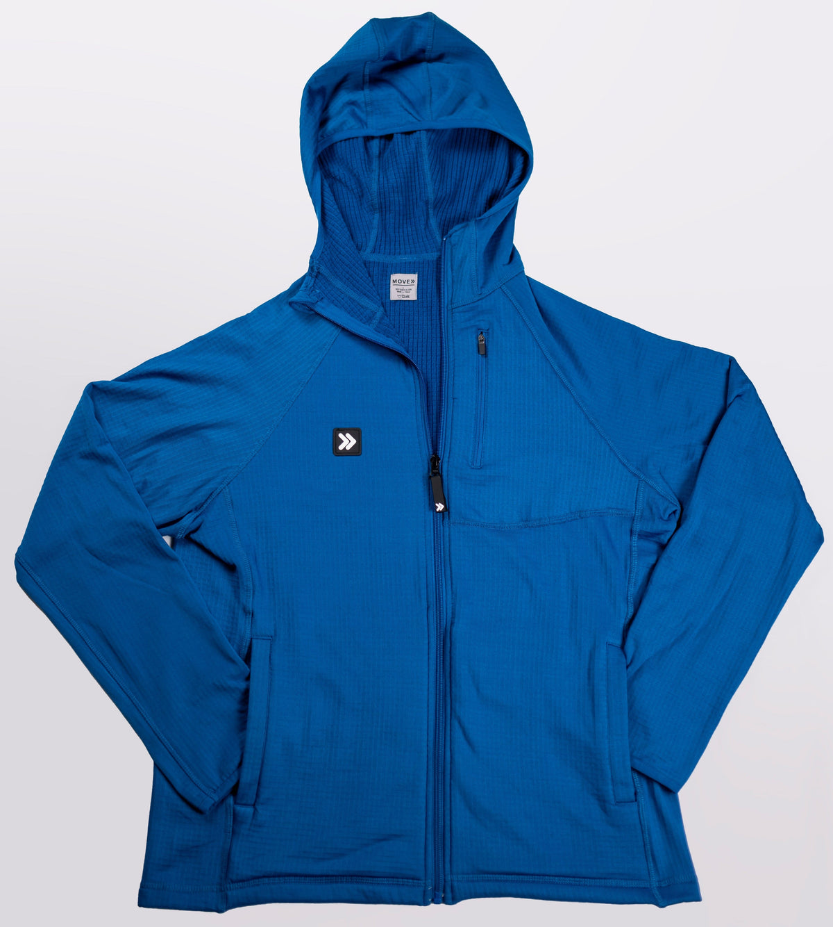 MOVE sport apparel women's blue waffle-knit full-zip hoodie with raglan sleeves and a zippered chest pocket.