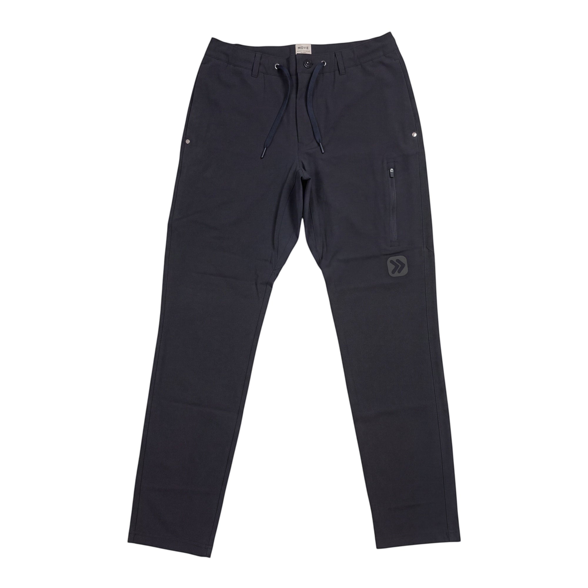MOVE sport apparel men's black straight leg ripstop pants with an elastic drawstring waistband and zip pocket.