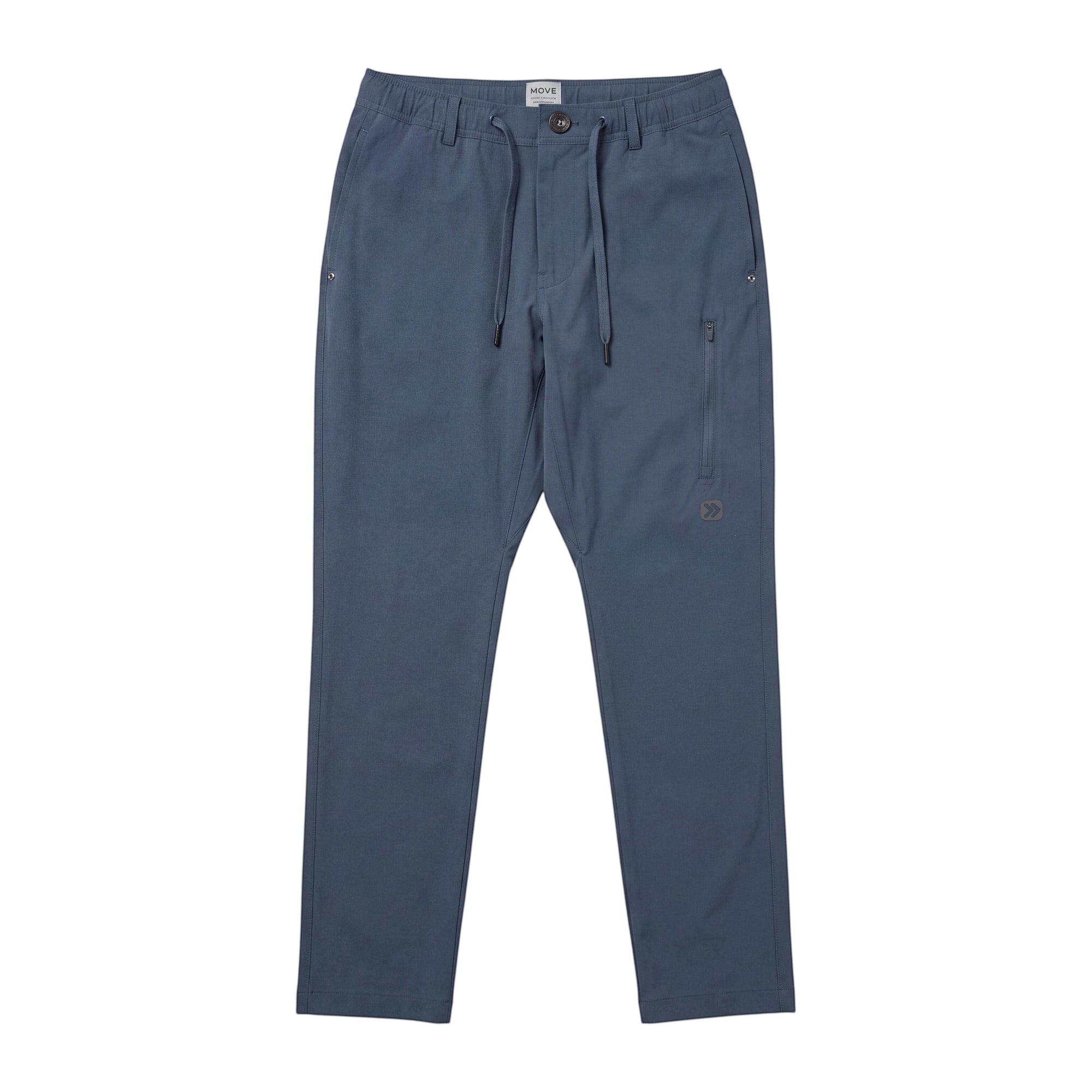 MOVE sport apparel men's blue straight leg ripstop pants with an elastic drawstring waistband and zippered pocket.