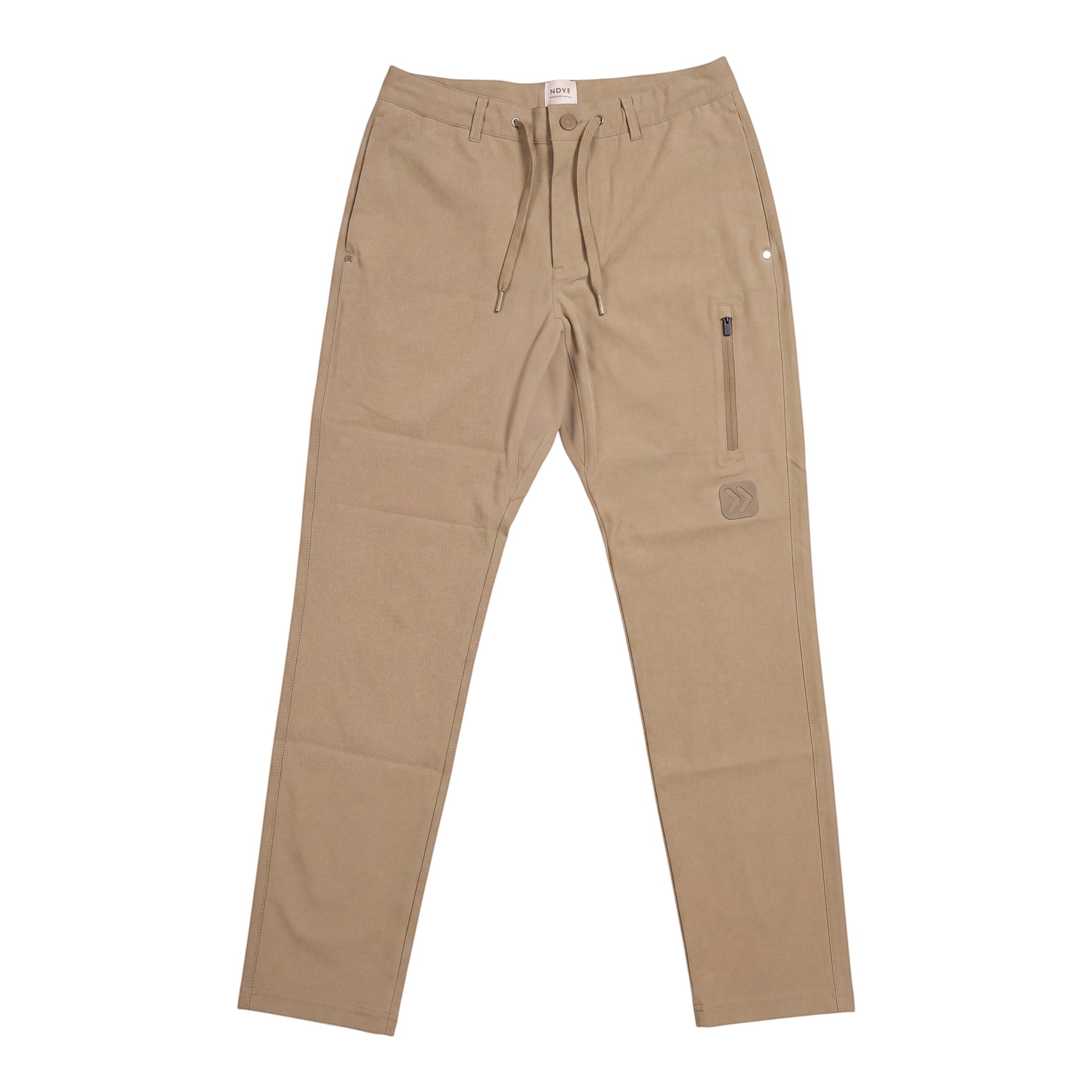MOVE sport apparel men's tan straight leg ripstop pants with an elastic drawstring waistband and zippered pocket.