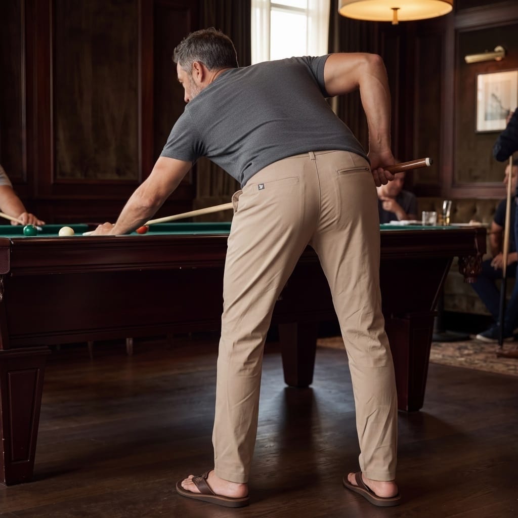 A man wearing MOVE sport apparel beige ripstop straight leg pants playing pool in a dark, sophisticated lounge.