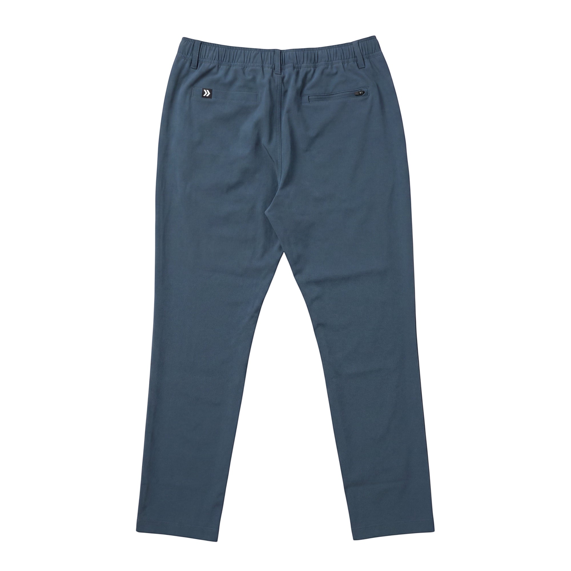 MOVE sport apparel men's blue ripstop straight leg pants with an elastic drawstring waistband, back view.