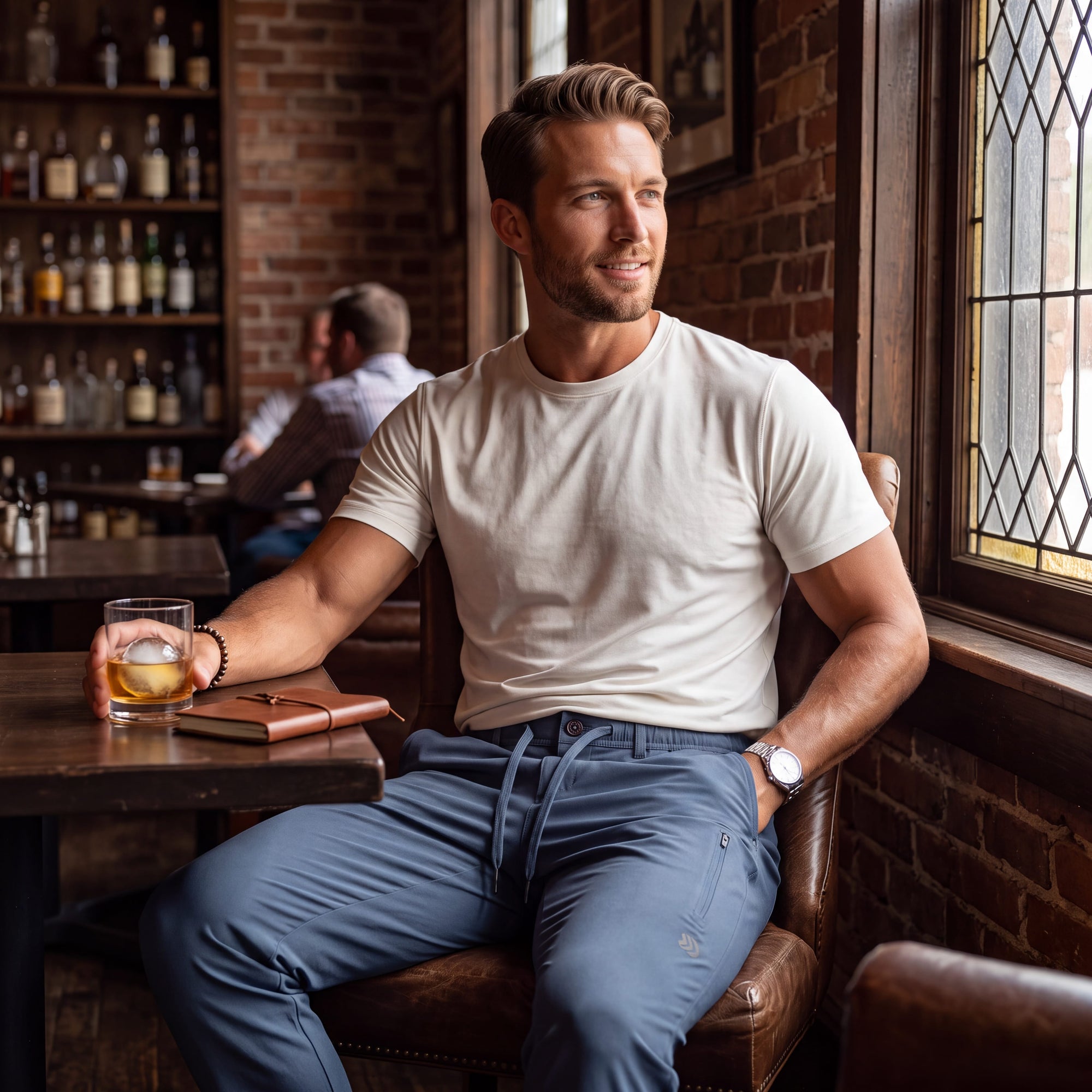 A man wearing MOVE sport apparel blue ripstop pants and a white t-shirt sitting in a rustic bar setting.