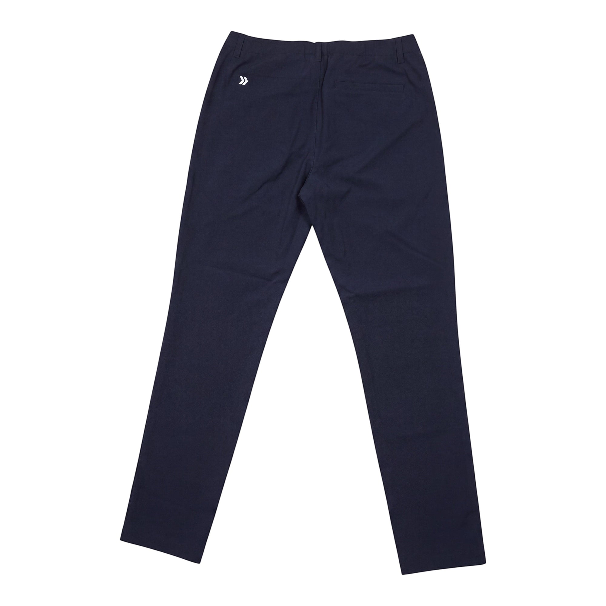 Back view of MOVE sport apparel navy blue ripstop straight leg pants with a small white logo on the hip.