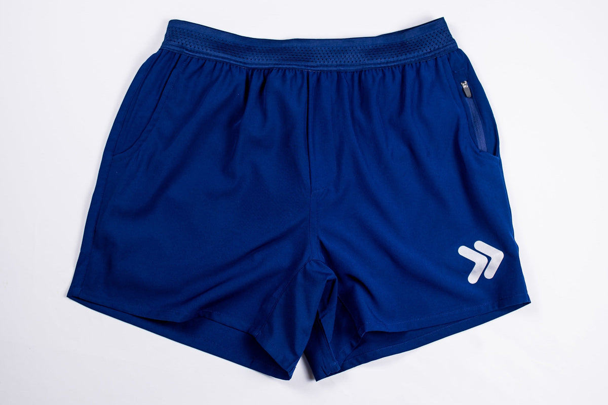 MOVE Sport Apparel men’s Performance 5 Inch Running Shorts: Beacon Blue shorts front flat lay with original white double-chevron.