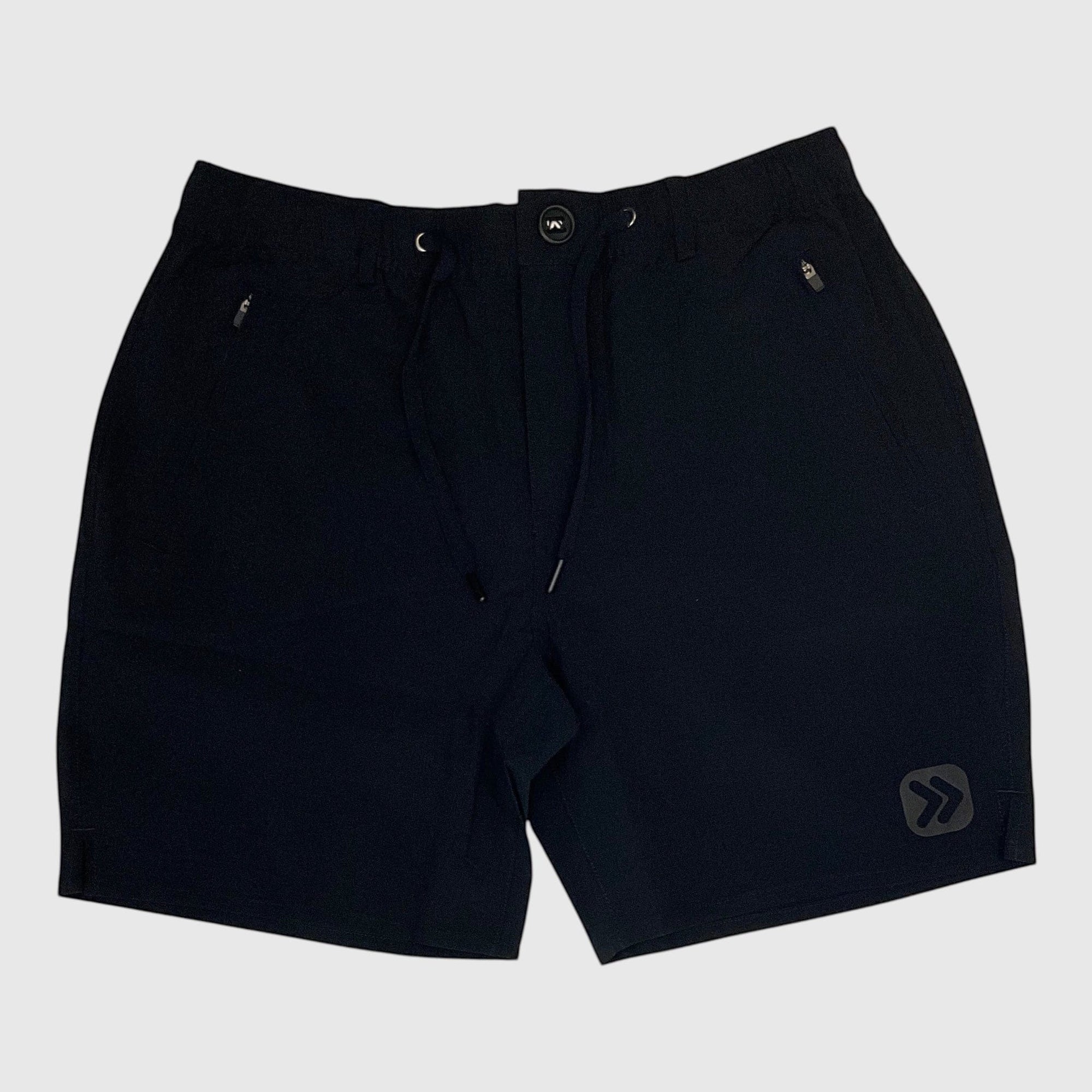 MOVE sport apparel men's black ripstop shorts with a 7.5 inch inseam, featuring zippered pockets and logo detail.