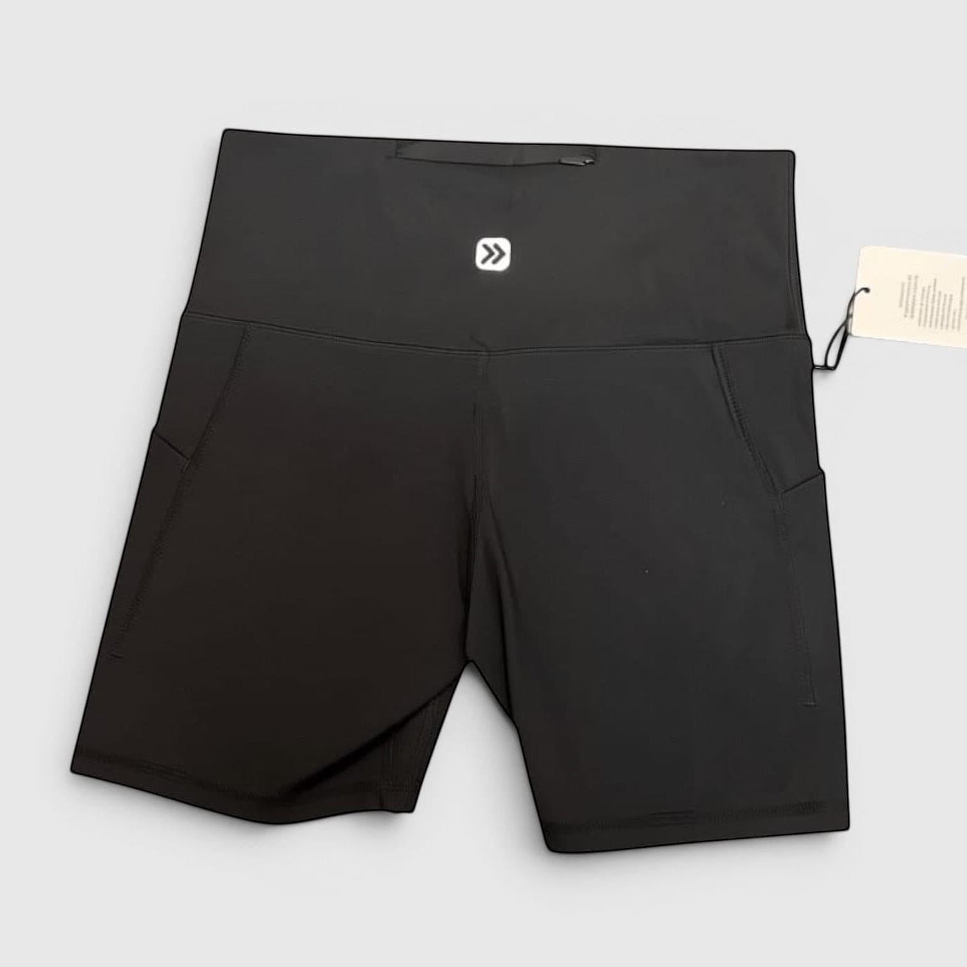 MOVE sport apparel black high-rise athletic shorts with side pockets and a zippered back waistband