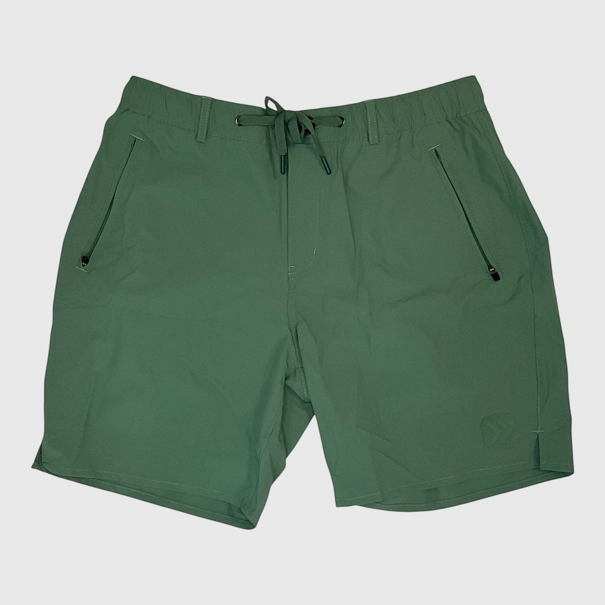 MOVE sport apparel men's olive green ripstop shorts with zippered pockets and an adjustable drawstring waistband.
