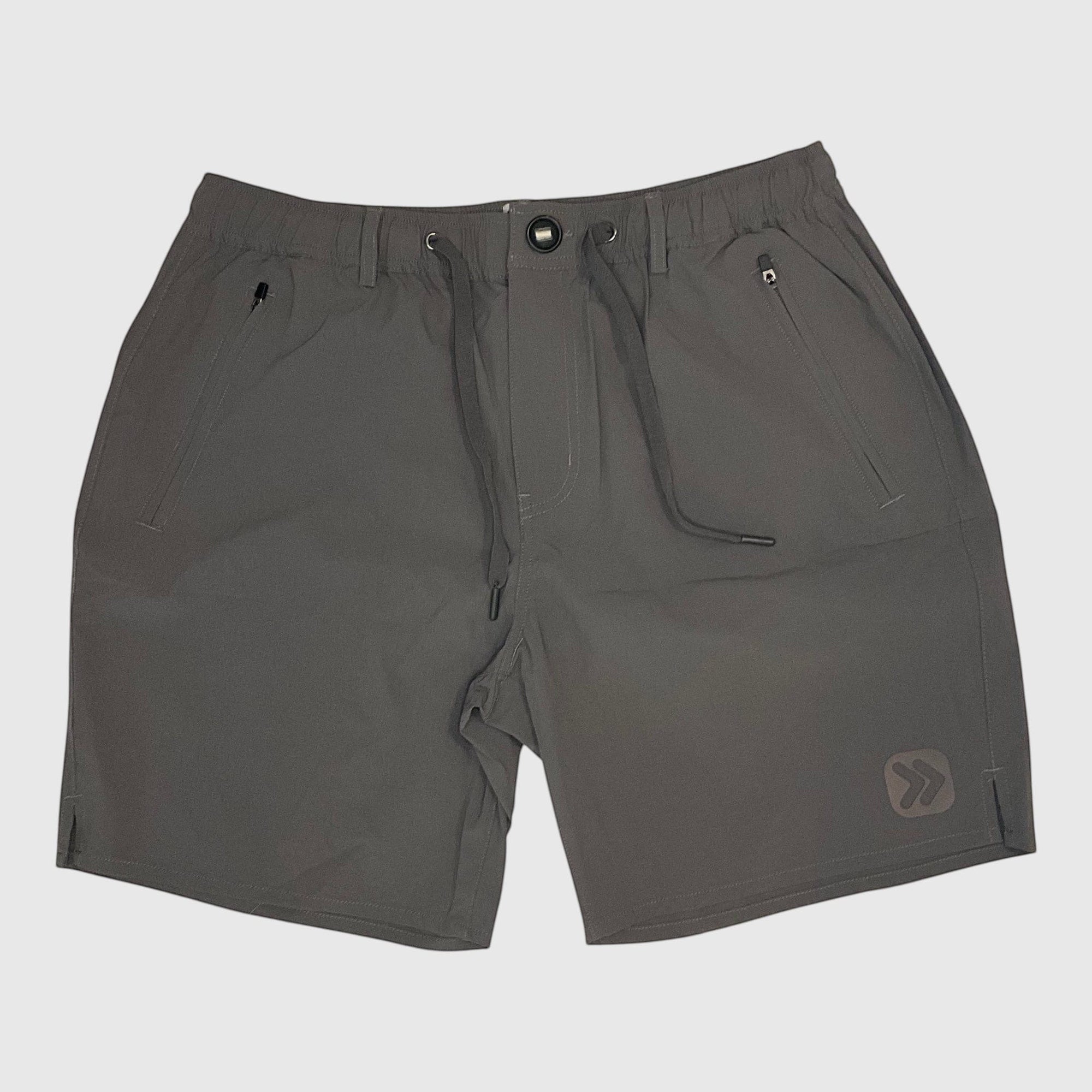 MOVE sport apparel men's charcoal grey ripstop shorts with zippered pockets and an elastic drawstring waistband.