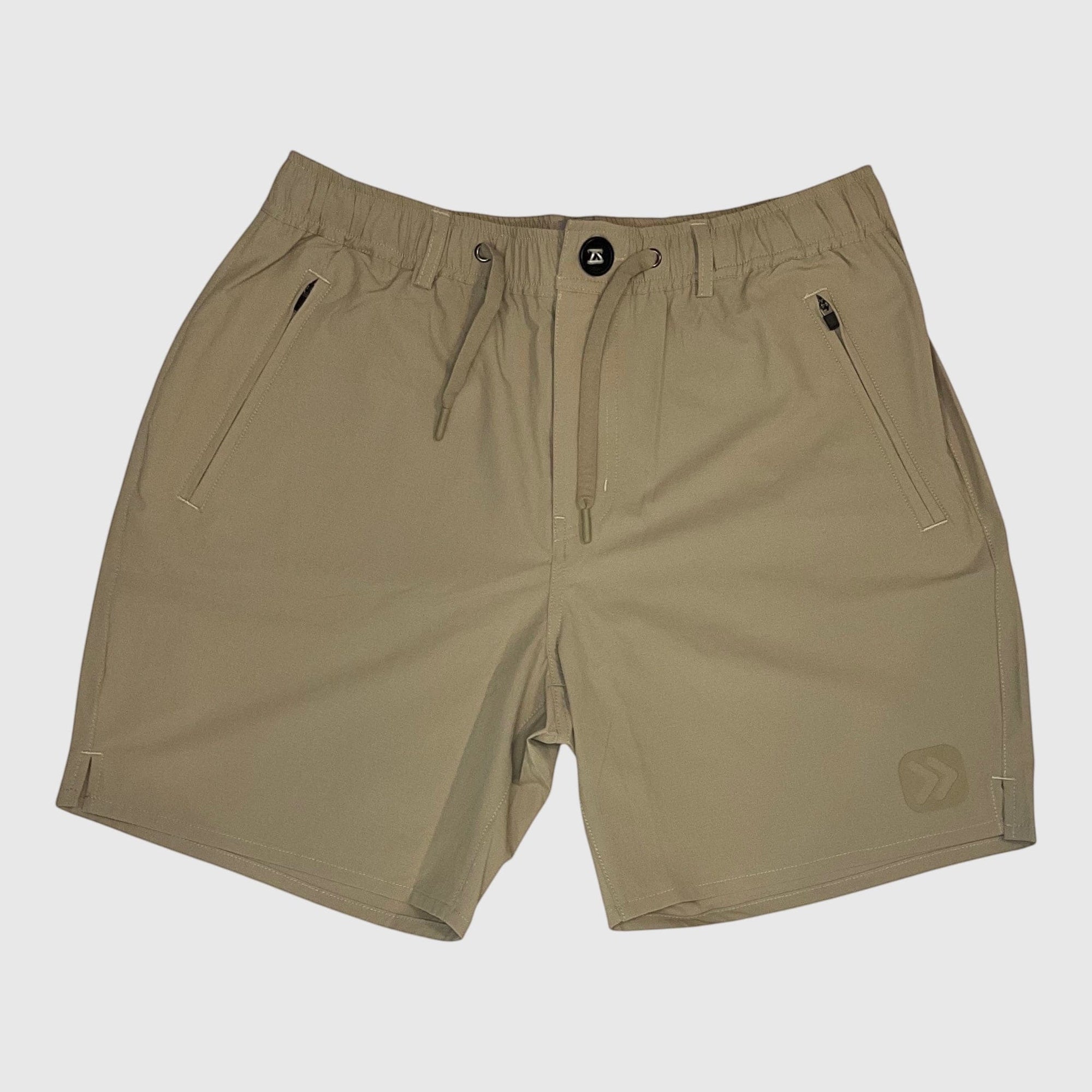 MOVE sport apparel men's tan ripstop shorts with an elastic waistband, drawstring, and zippered side pockets.