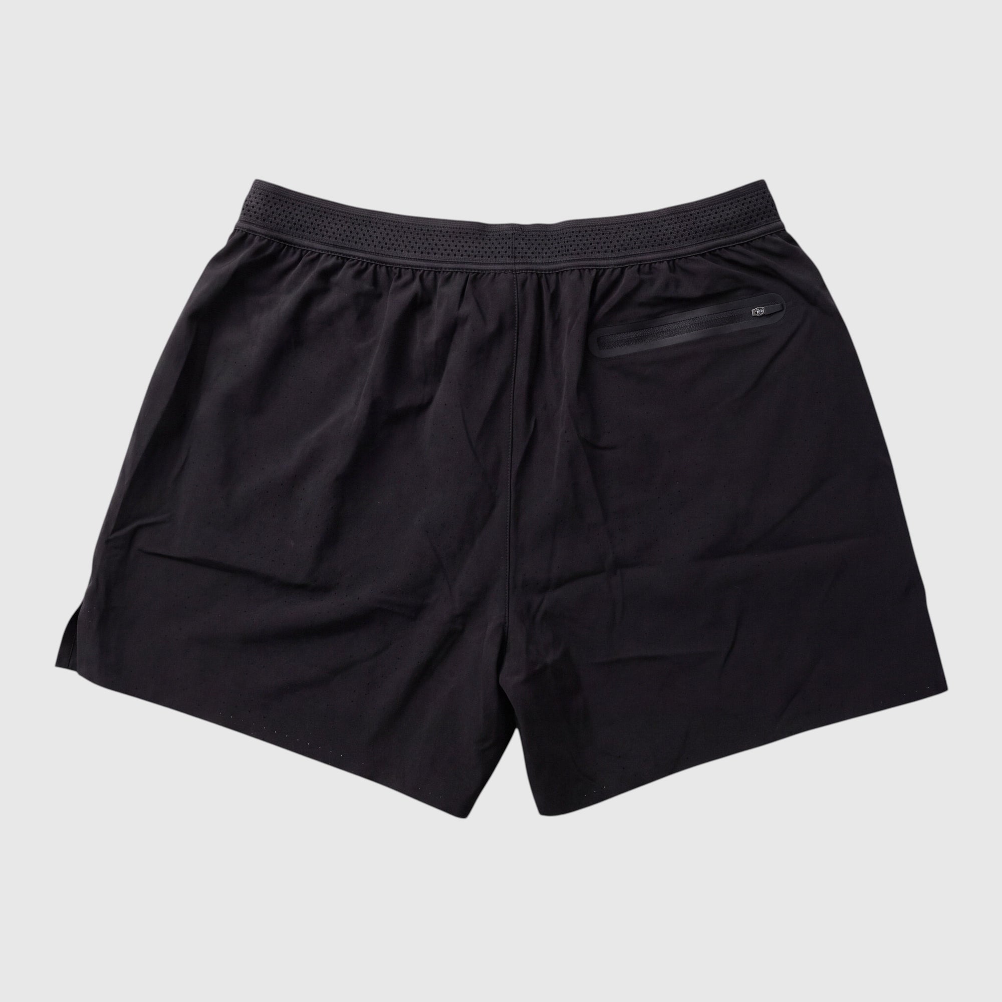 MOVE sport apparel men's black lightweight athletic running shorts with a back zipper pocket and micro-perforations.