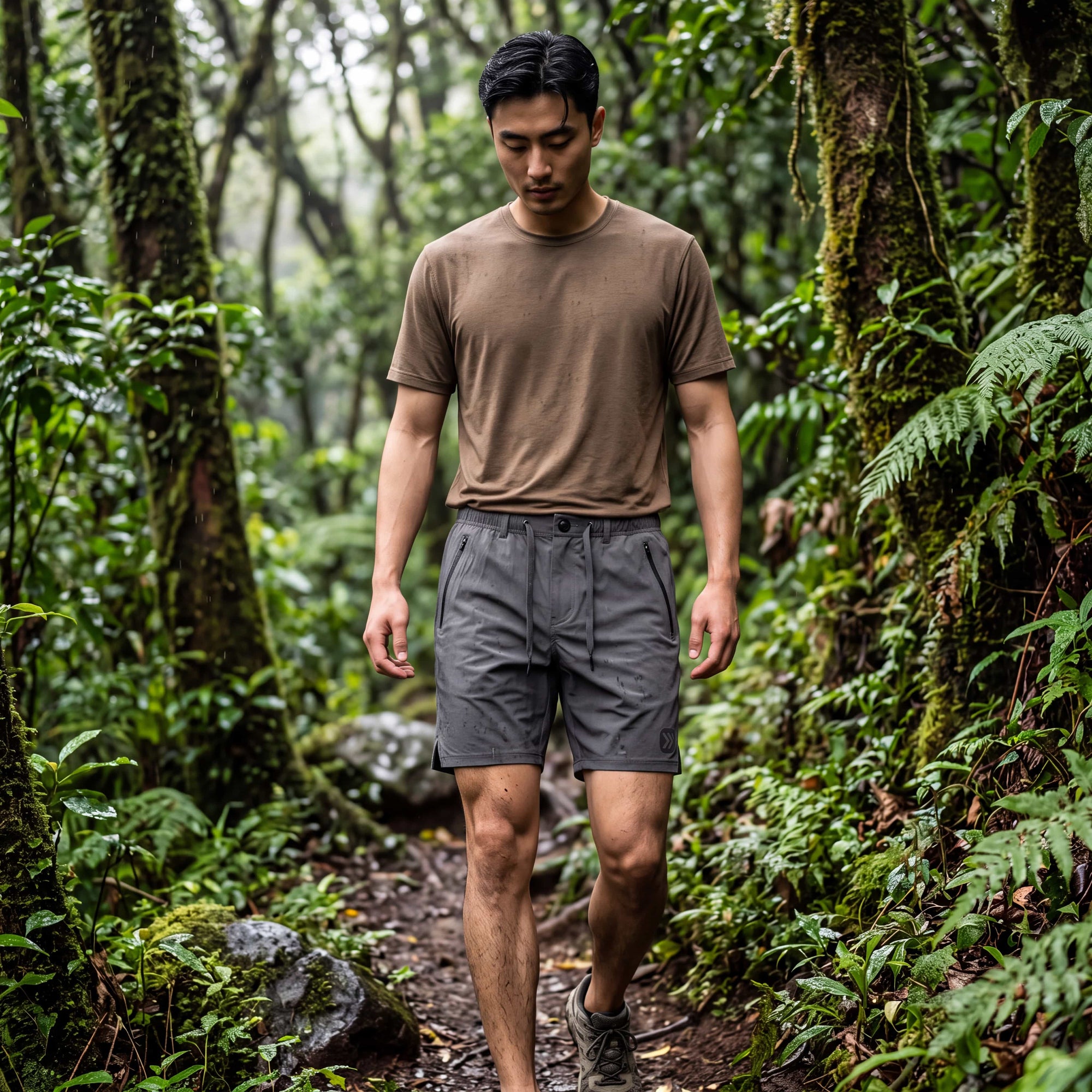 MOVE sport apparel men's grey ripstop shorts with 7.5 inch inseam worn by a man hiking in a lush green forest.