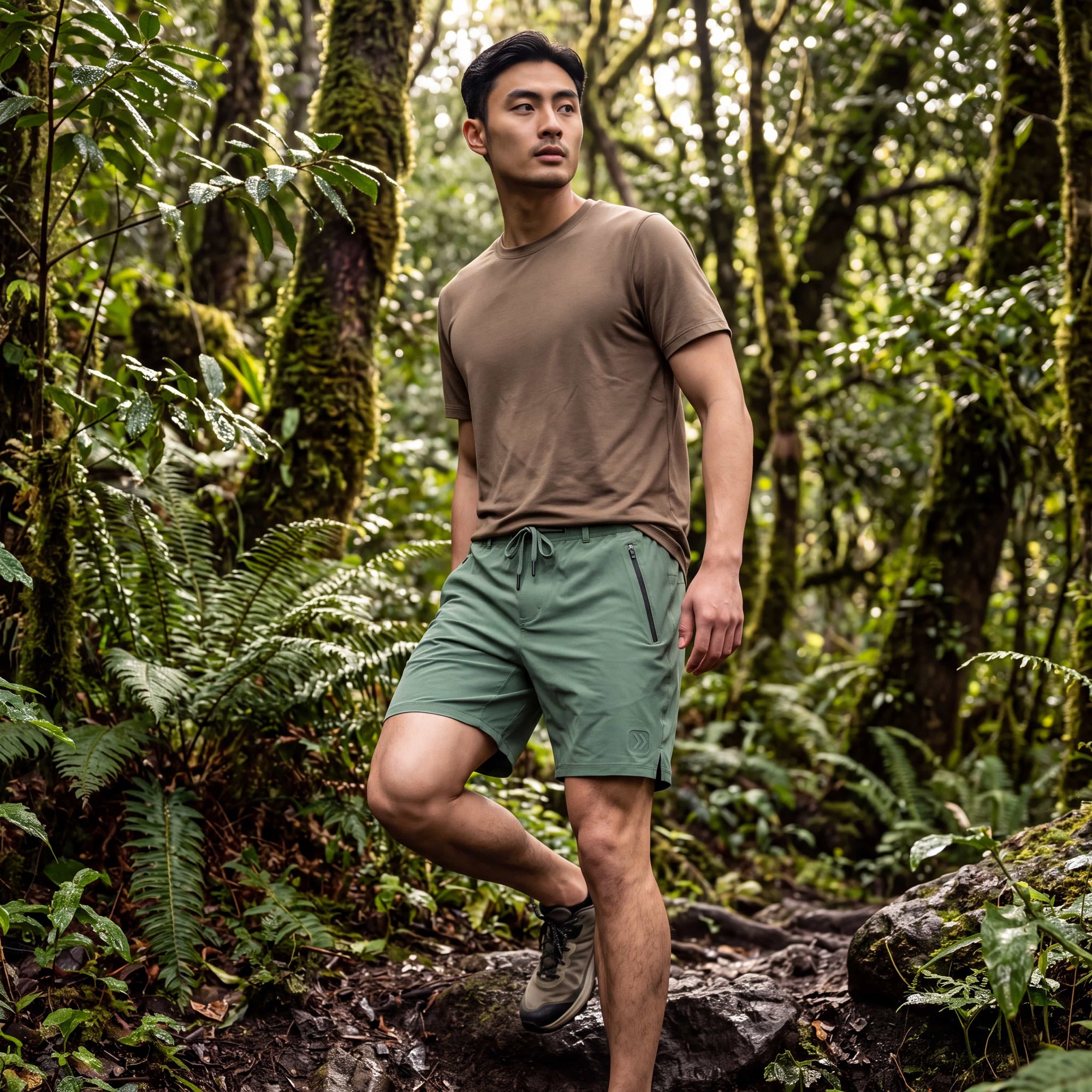 A man wearing MOVE sport apparel green ripstop shorts while hiking in a lush, mossy forest.