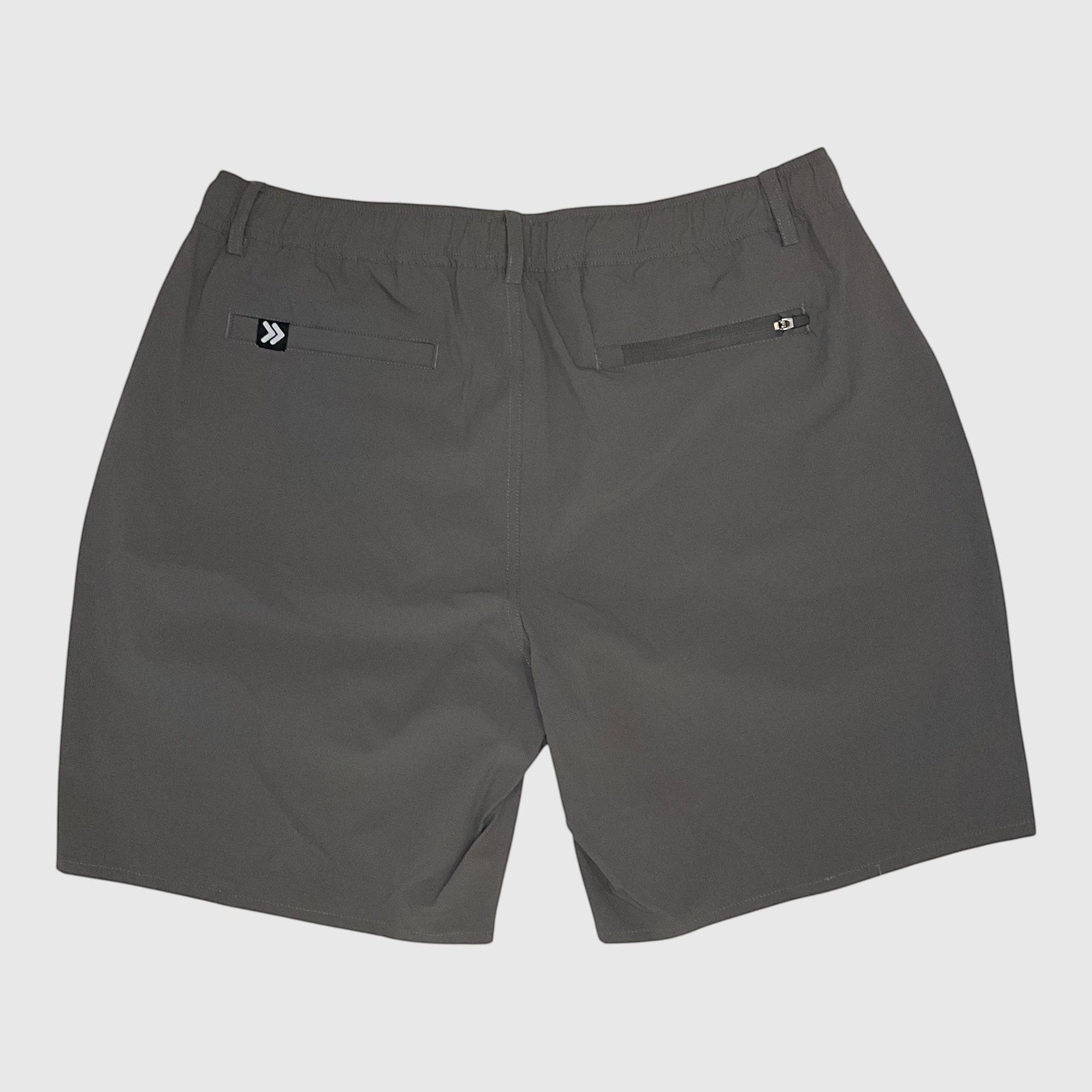 MOVE sport apparel men's grey ripstop shorts with back zipper pocket and logo tab, ideal for outdoor activities.