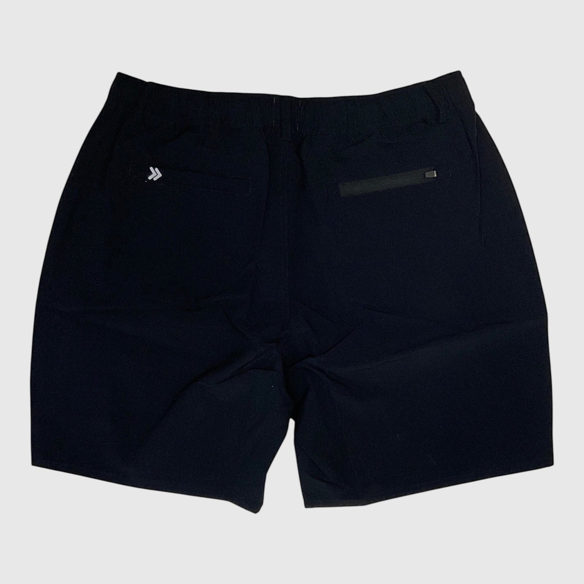 MOVE sport apparel men's black ripstop shorts with a 7.5 inch inseam and zippered back pocket for outdoor activities.