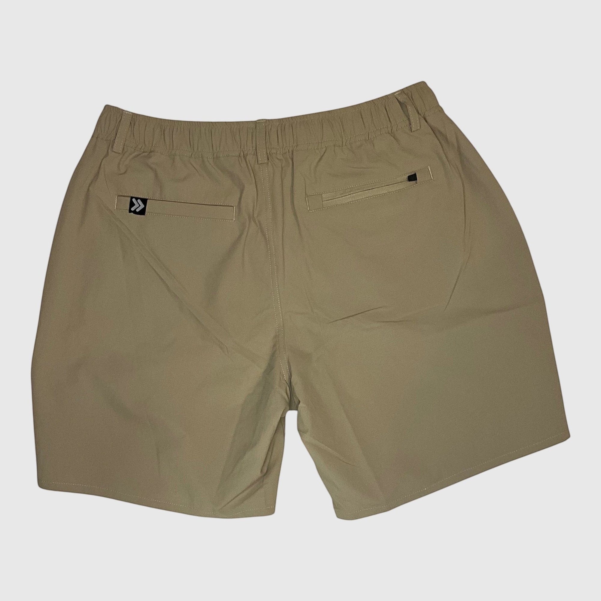 MOVE sport apparel men's tan ripstop shorts with an elastic waistband and two back pockets on a light background.