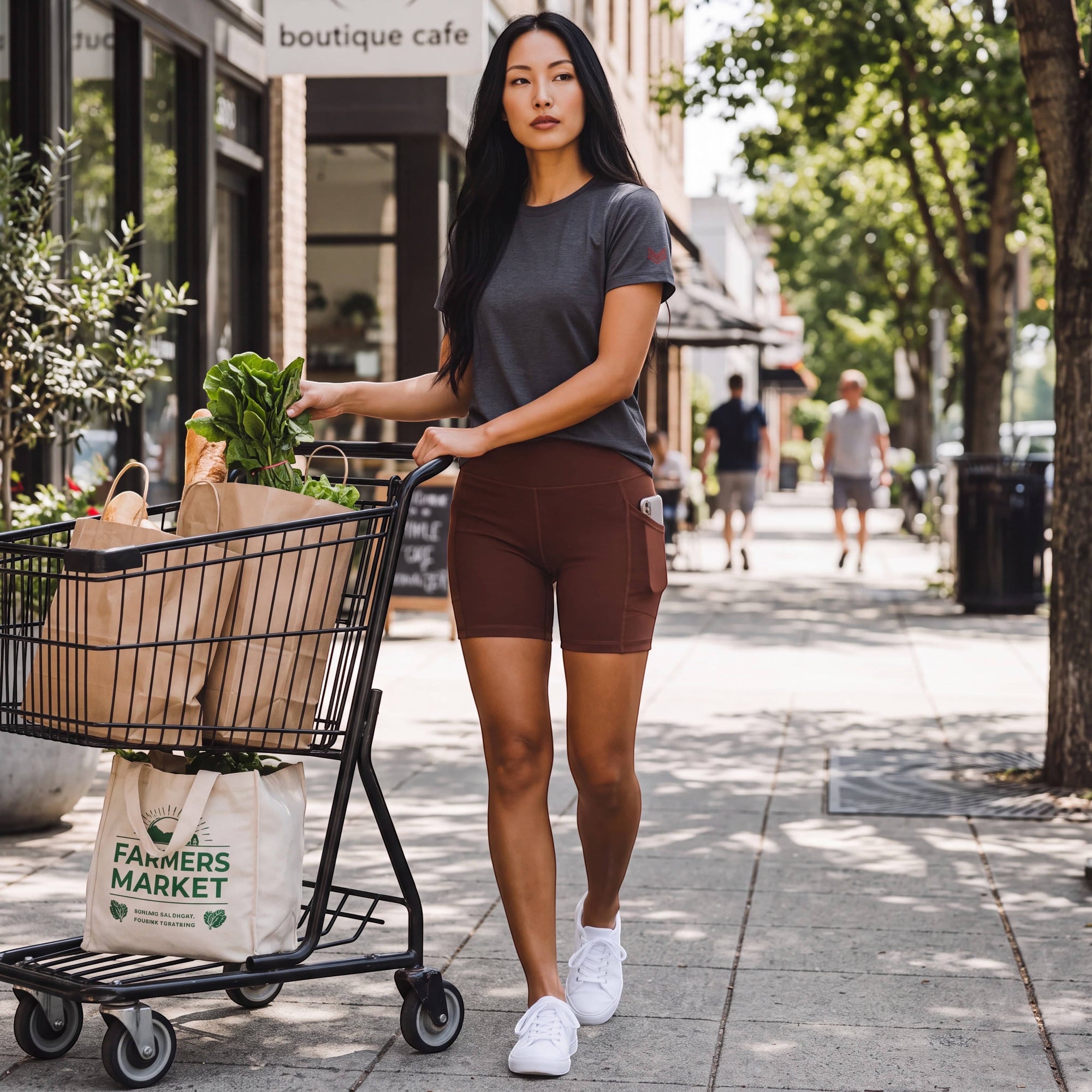 MOVE sport apparel high-rise brown athletic shorts with side pockets worn by a woman walking with a grocery cart.