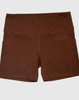 MOVE sport apparel high-rise athletic shorts in dark brown with side pockets and a white 3M logo on the hip