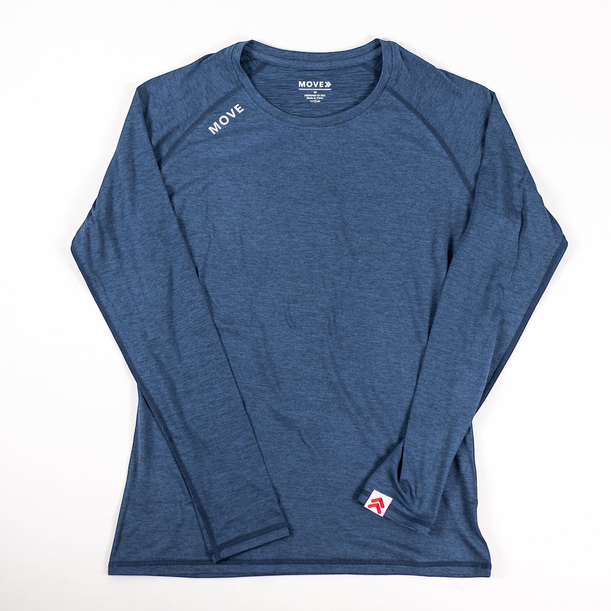 MOVE sport apparel Women's Essential long sleeve shirt in heathered blue with raglan sleeves and logo branding.
