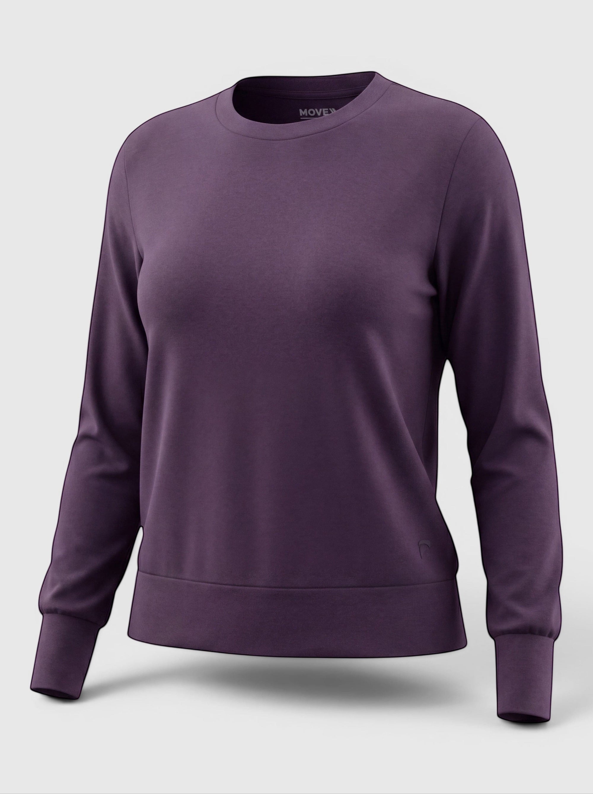 MOVE sport apparel women's long sleeve crewneck pullover in muted purple with a relaxed fit and ribbed cuffs.