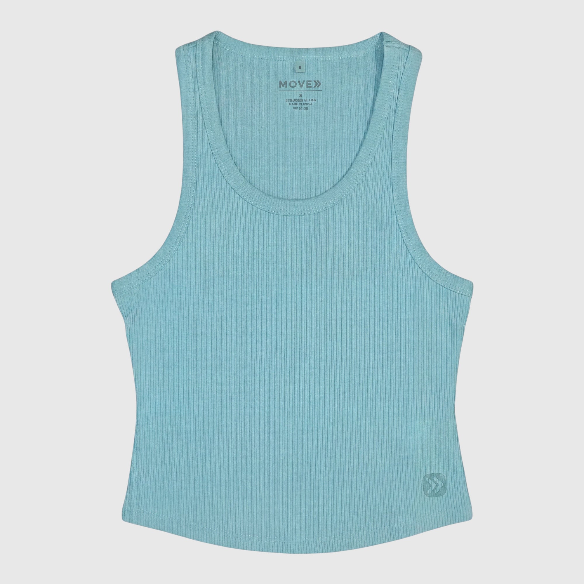 MOVE sport apparel light blue ribbed bamboo crop tank top with a scoop neckline and minimalist logo detail.