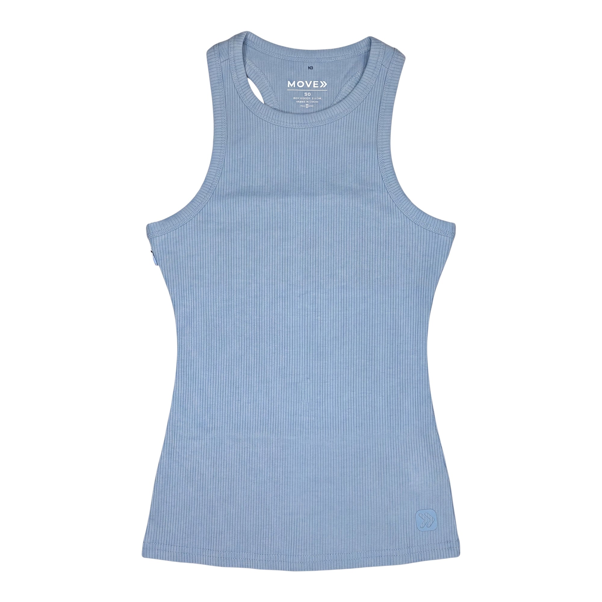 MOVE sport apparel light blue ribbed bamboo full length tank top with a racerback design for active wear.