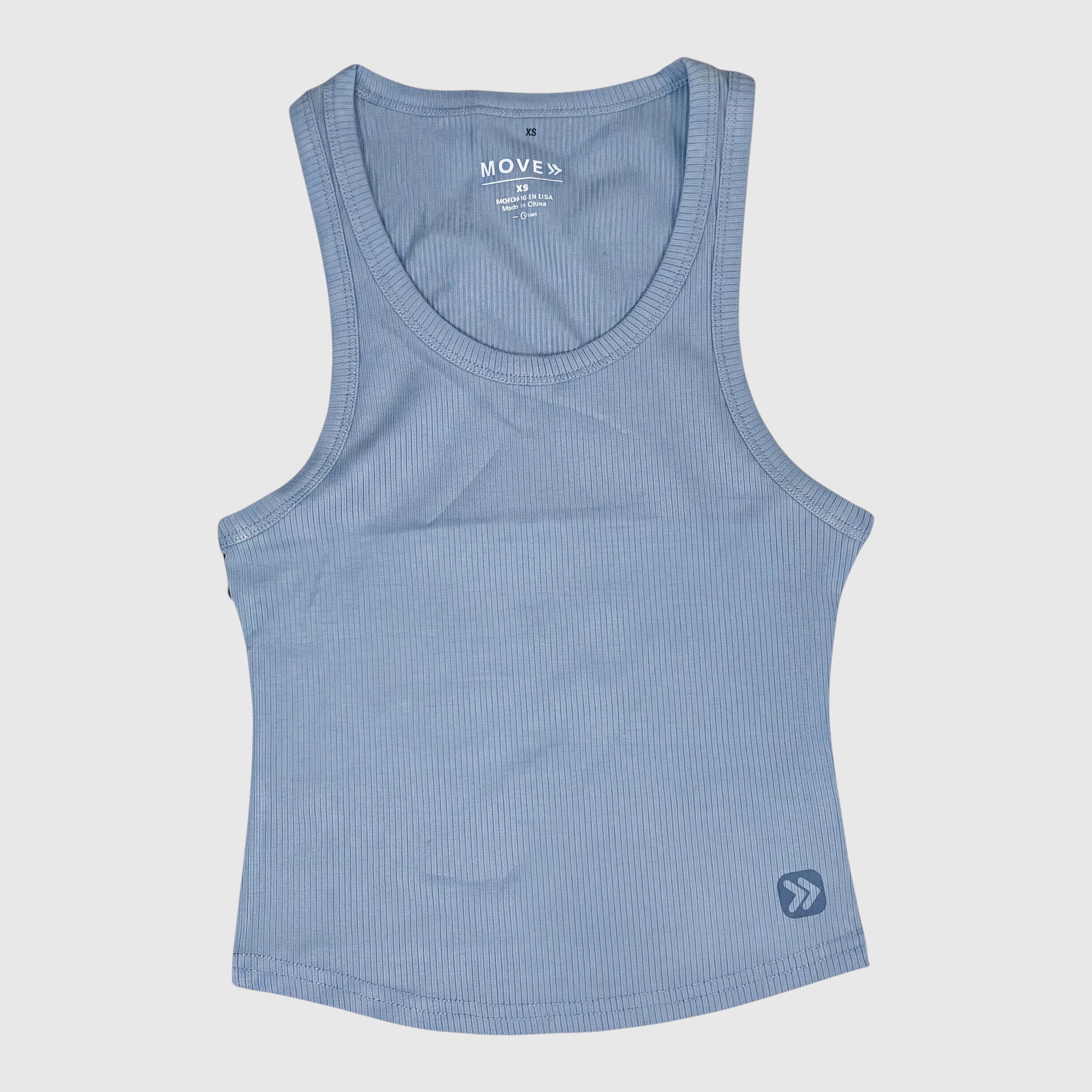 MOVE sport apparel light blue ribbed bamboo crop tank top with a racerback style and minimalist logo detail.