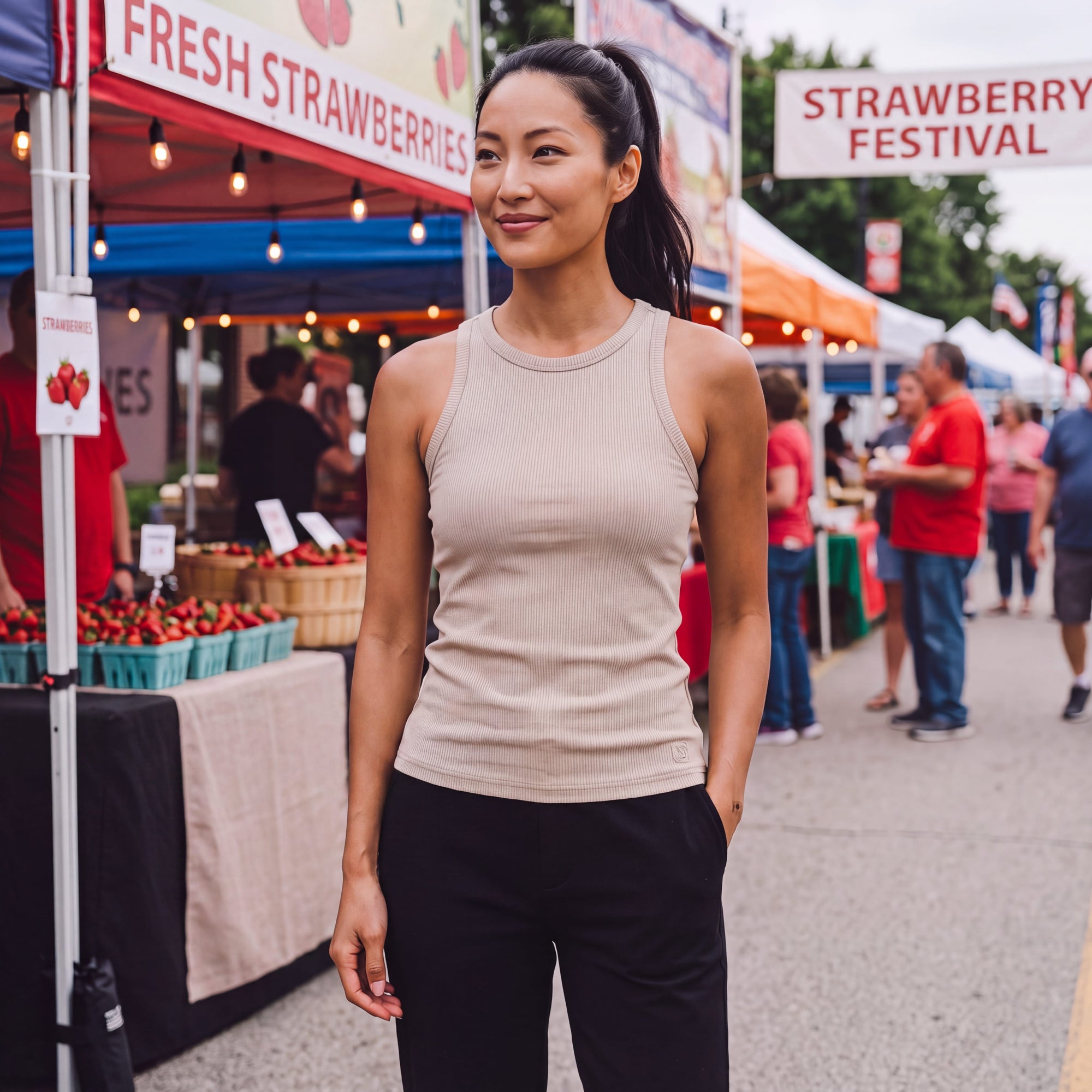 A woman wearing a beige MOVE sport apparel bamboo full length ribbed tank top at a sunny outdoor strawberry festival.