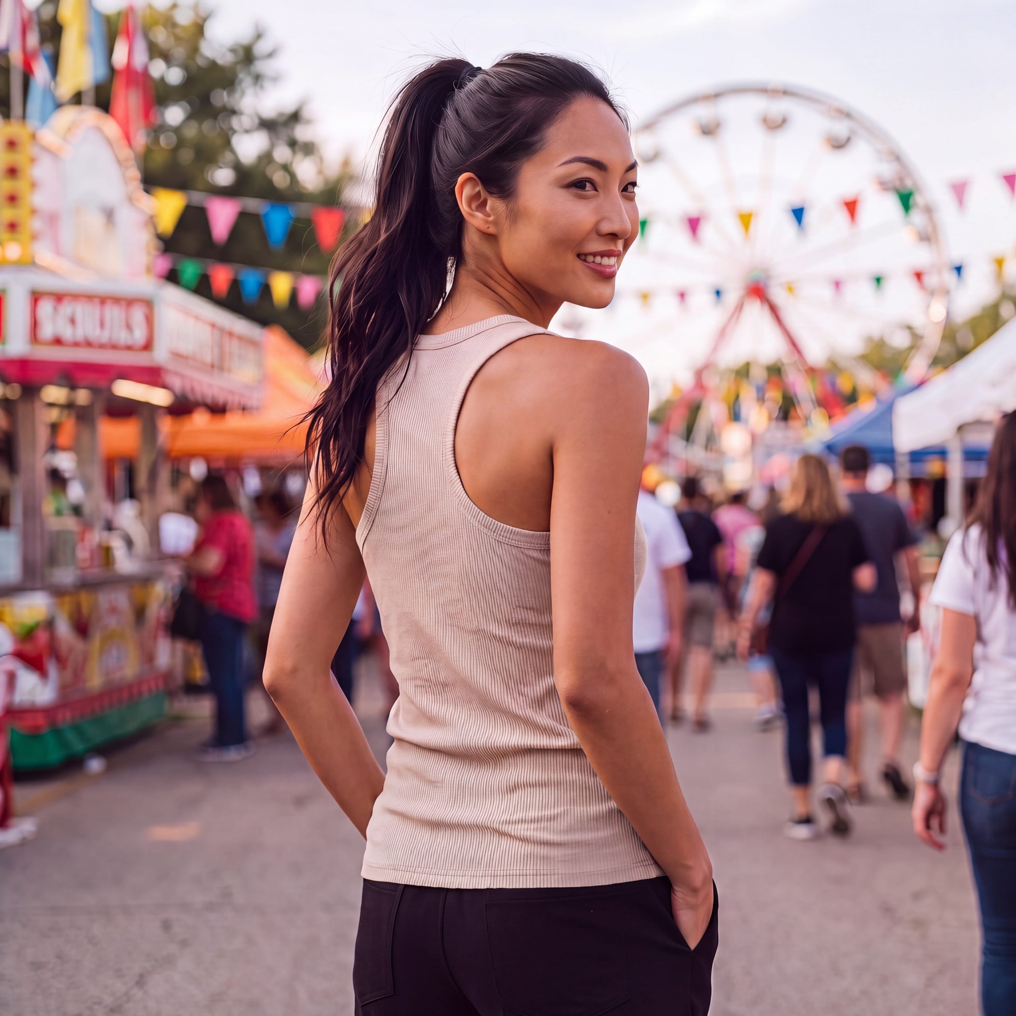 Woman wearing a beige MOVE sport apparel bamboo full-length tank top at a carnival, back view.