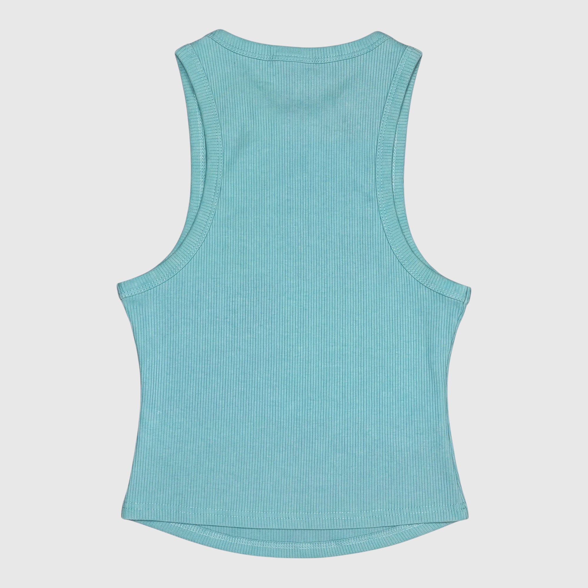 MOVE sport apparel light blue ribbed bamboo crop tank top with a racerback style and curved hem