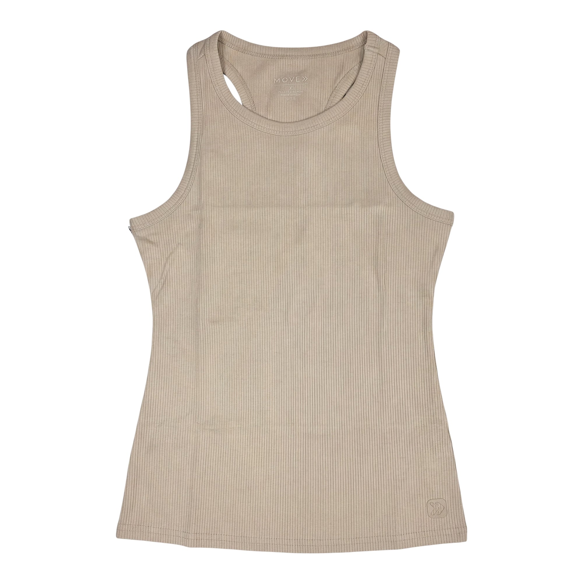 MOVE sport apparel beige ribbed bamboo full length tank top with a racerback design for active wear.