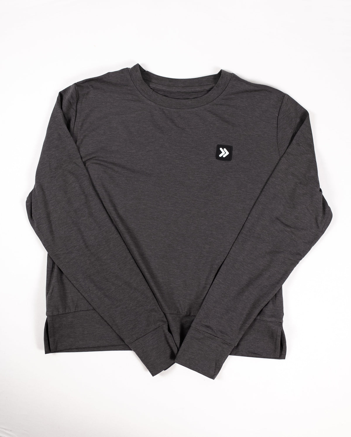 MOVE sport apparel charcoal grey long sleeve crewneck sweatshirt with ribbed cuffs and side-slit hem