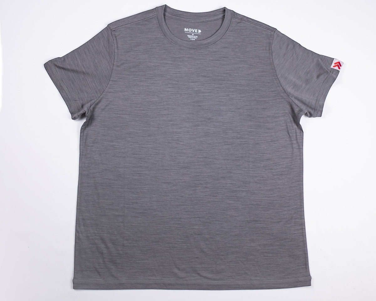 MOVE Sport Apparel women’s Merino Short Sleeve T-Shirt: Front flat-lay view of Granite Gray Merino Short Sleeve T-Shirt.