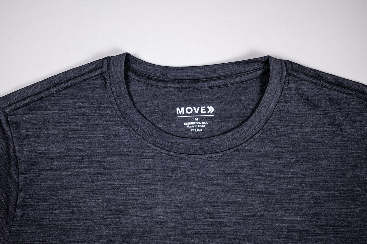 MOVE Sport Apparel women’s Merino Short Sleeve T-Shirt: Close view of the Black Merino Short Sleeve T-Shirt neckline and inner label.