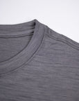MOVE Sport Apparel women’s Merino Short Sleeve T-Shirt: Close view of the Granite Gray Merino shirt collar and fabric.