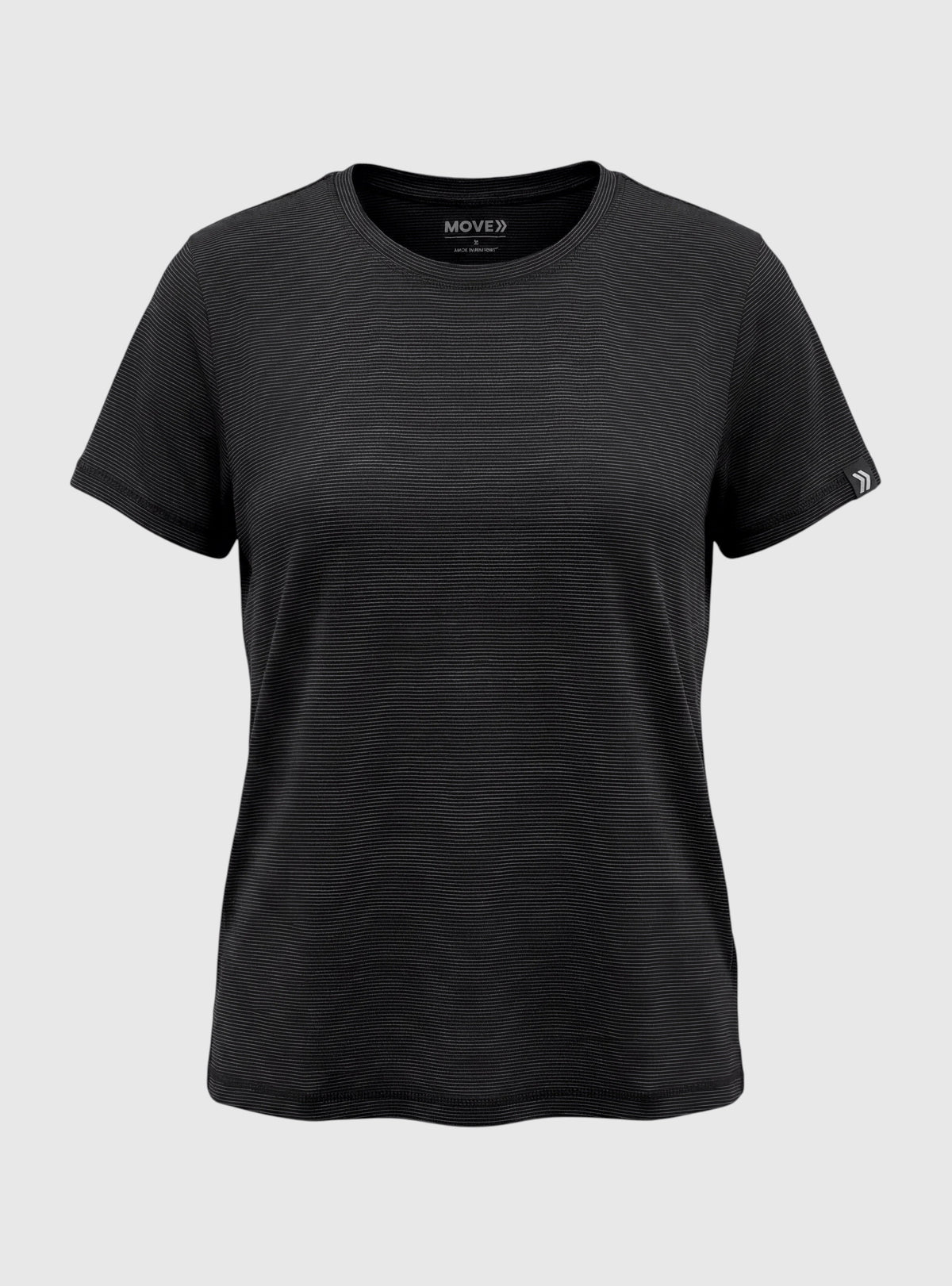 Front view of MOVE Sport Apparel women’s LuxDry T-shirt in Black.
