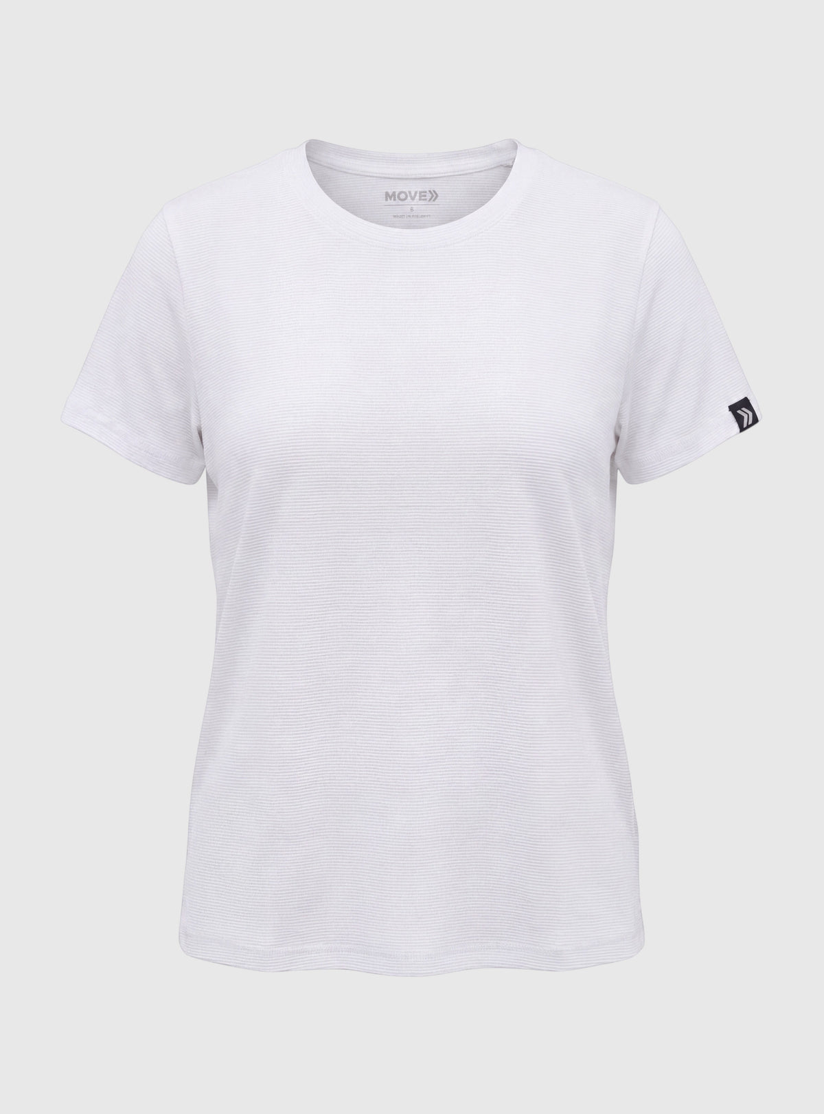 Front view of MOVE Sport Apparel women’s LuxDry T-shirt in White.