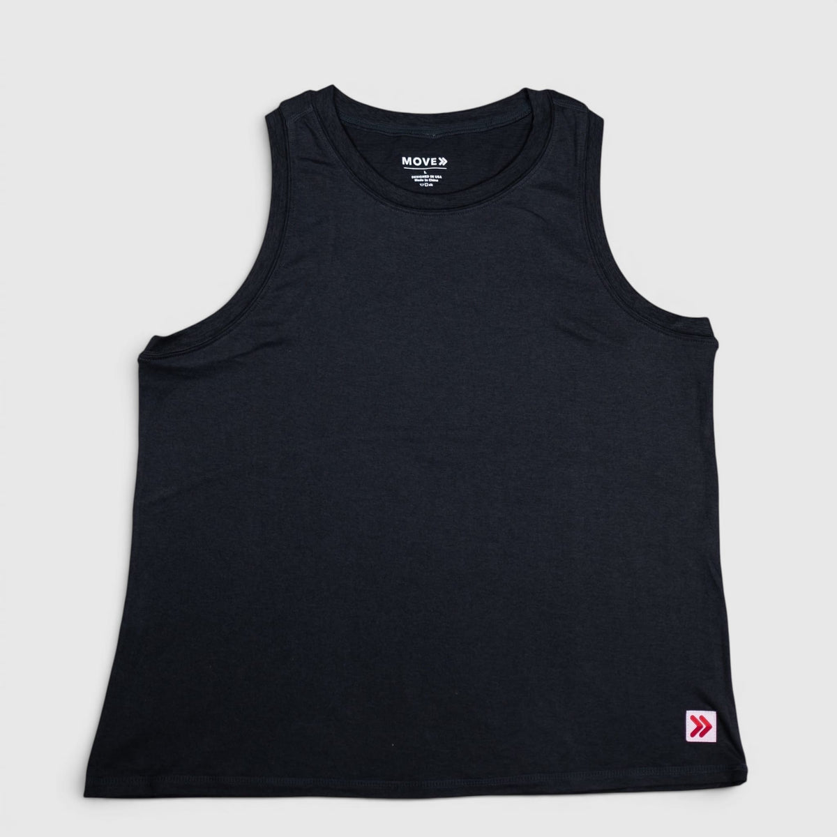 Front view of MOVE Sport Apparel women’s Essential High Neck Tank Top in Black, showing the original neckline, cut and lower-hem embellishment.