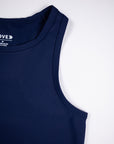 Close view of the neckline, shoulder seams and inner label on the Maritime Blue MOVE Sport Apparel Pure Stretch Full Length Tank Top.