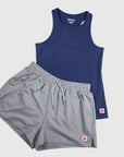 MOVE Sport Apparel Pure Stretch Full Length Tank Top in Maritime Blue arranged with grey athletic shorts.