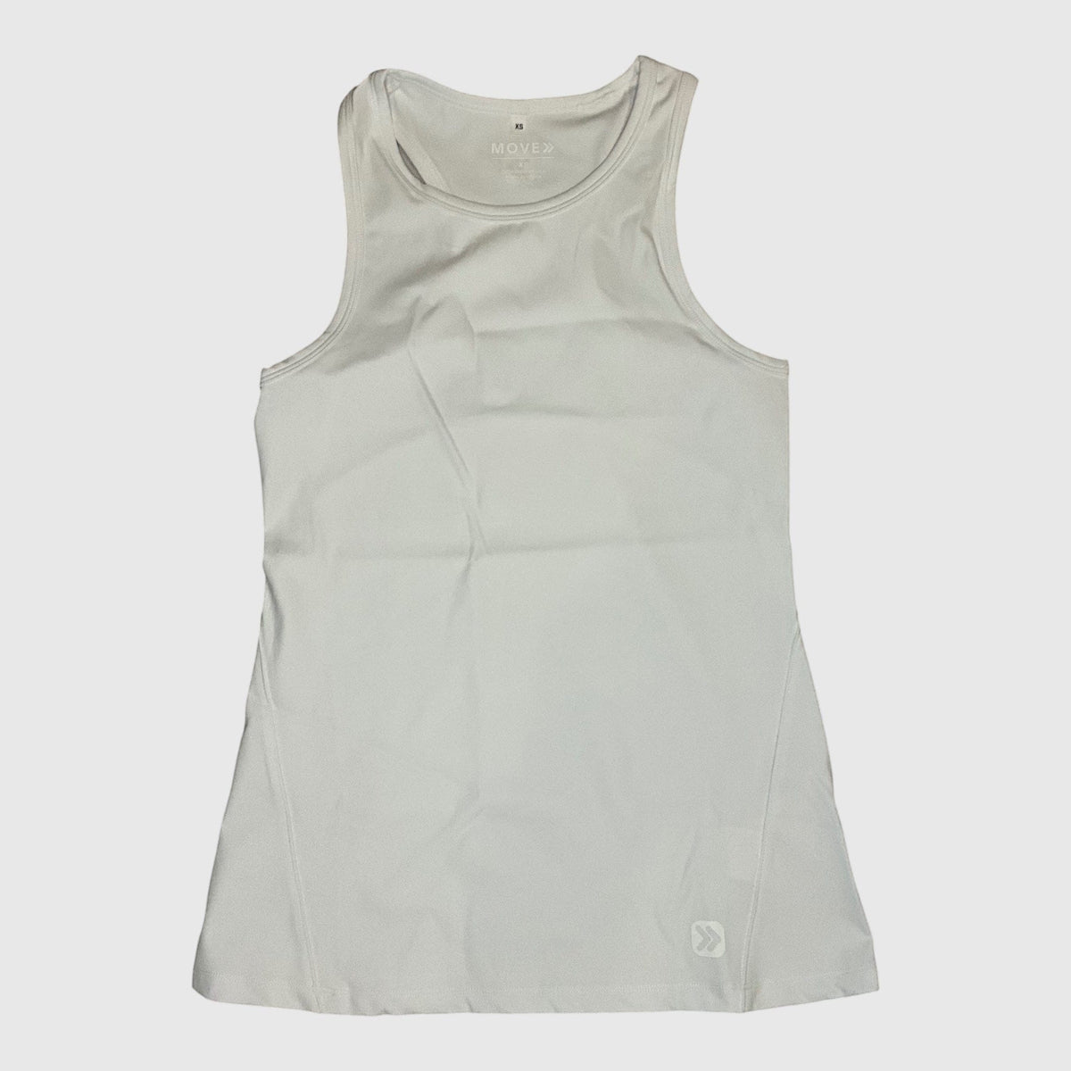 Front flat-lay view of MOVE Sport Apparel Pure Stretch Full Length Tank Top in White.