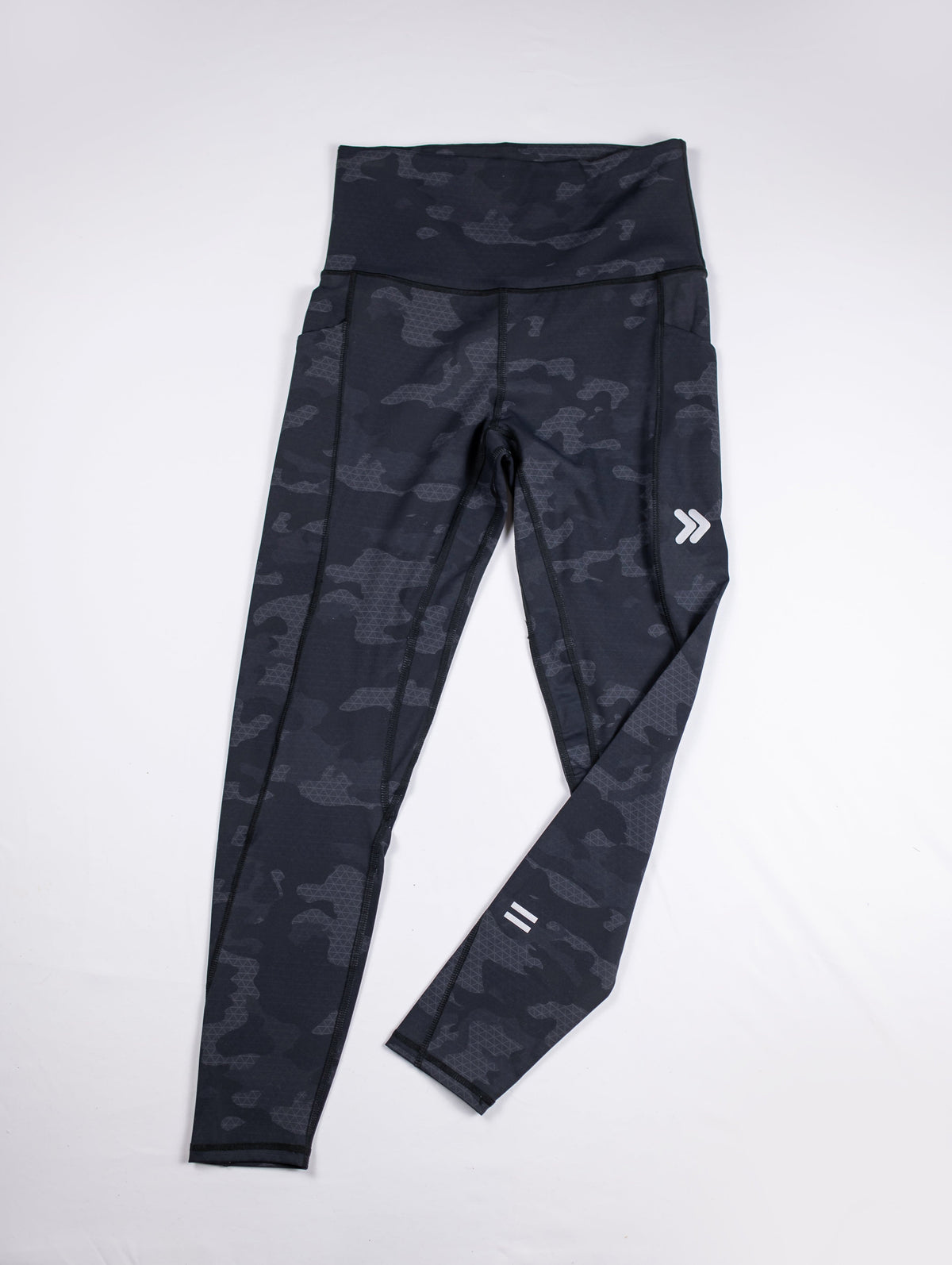 Front view of MOVE Sport Apparel women’s 25-Inch Running Tights in Black Camouflage.