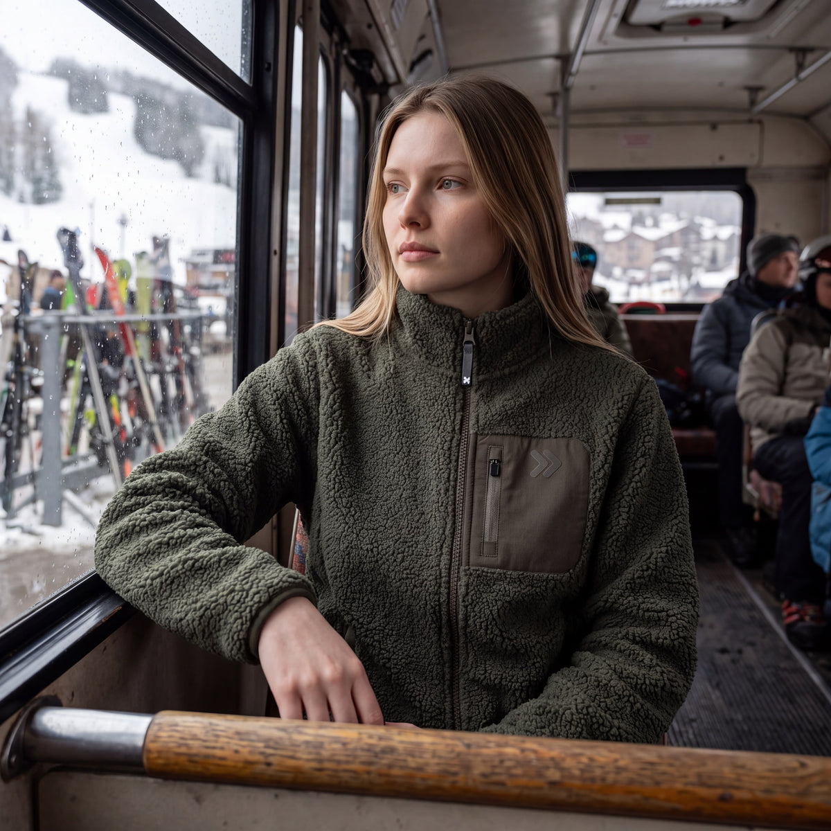 A woman wearing a MOVE sport apparel olive green sherpa jacket with a chest pocket while riding a ski shuttle bus.